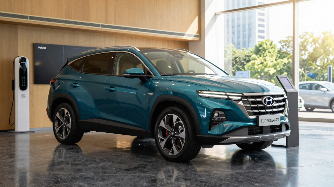 Blauer Hyundai Tucson SUV steht im Autohaus neben einer Ladestation bei großem Fenster mit Tageslicht.