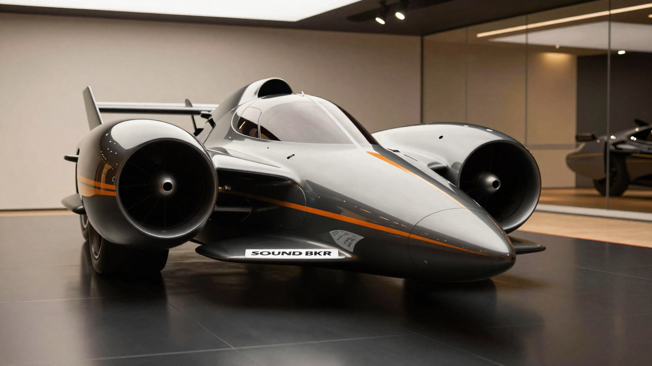 Futuristisches Fahrzeug im Design eines Düsenjets mit zwei Triebwerken und stromlinienförmiger Karosserie in Innenraum.