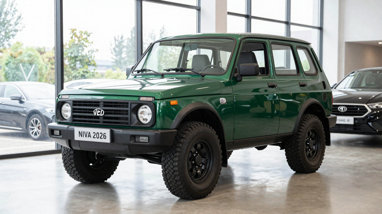 Grüner Lada Niva 2026 Geländewagen im Showroom mit großen Offroad-Reifen und schwarzem Grill.
