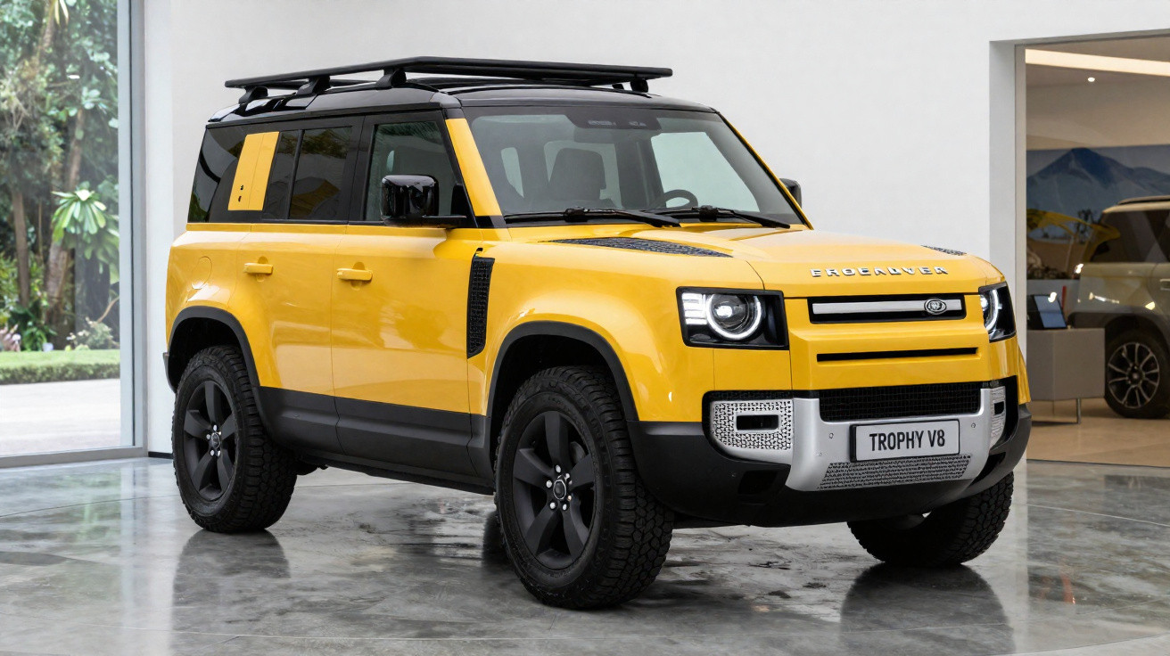 Gelber Land Rover Defender Trophy V8 mit schwarzem Dach und robusten Offroad-Reifen in moderner Ausstellungshalle.