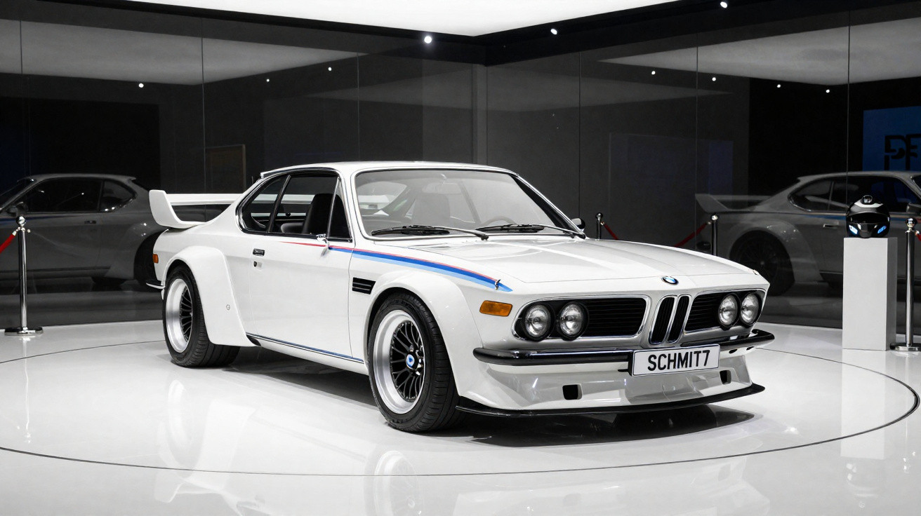 Weißer BMW M1 Rennwagen mit breiten Kotflügeln und Spoiler in moderner Ausstellungshalle.