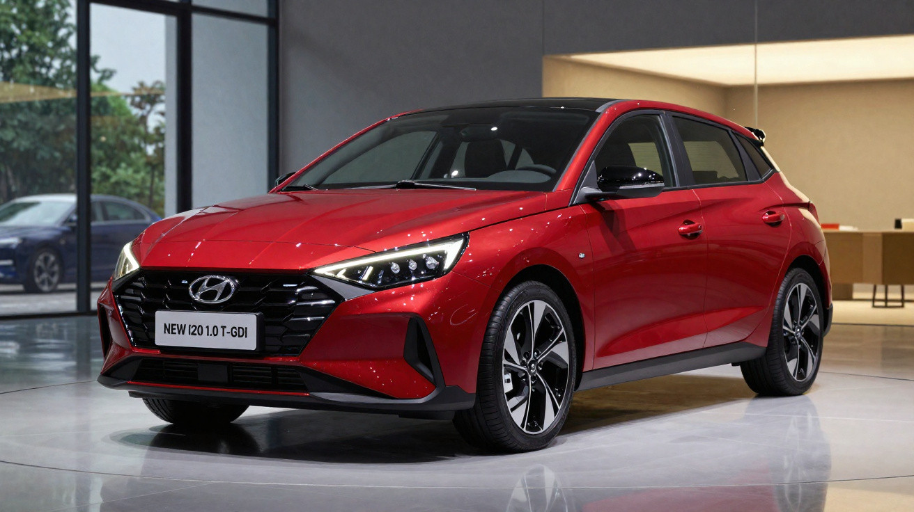 Roter Hyundai i20 1.0 T-GDI Kleinwagen im Innenraum mit schwarzen Akzenten und modernen LED-Scheinwerfern.