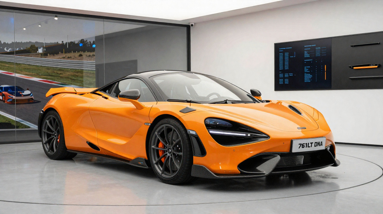 Oranger McLaren 765LT Sportwagen in moderner Ausstellungsraum mit Rennstreckenbild im Hintergrund.
