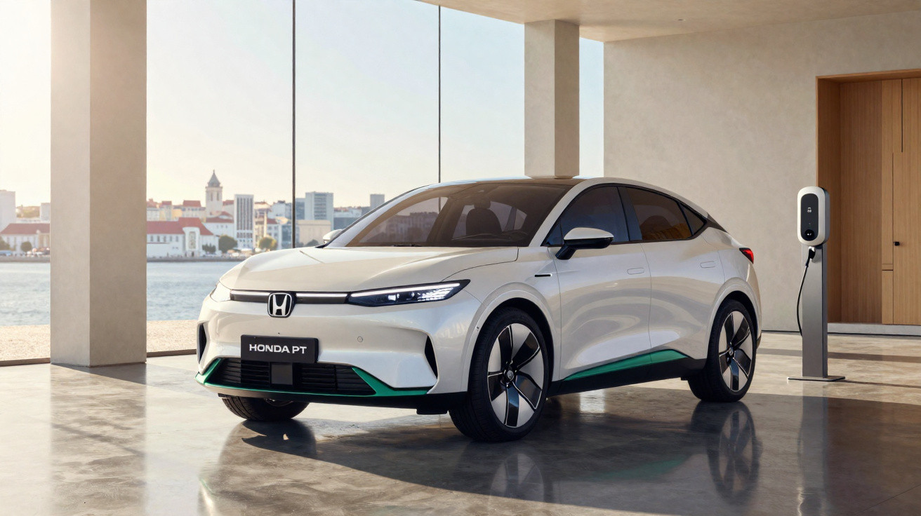 Weißes Honda Elektroauto an Ladestation in moderner Garage mit Stadtblick bei Sonnenschein.