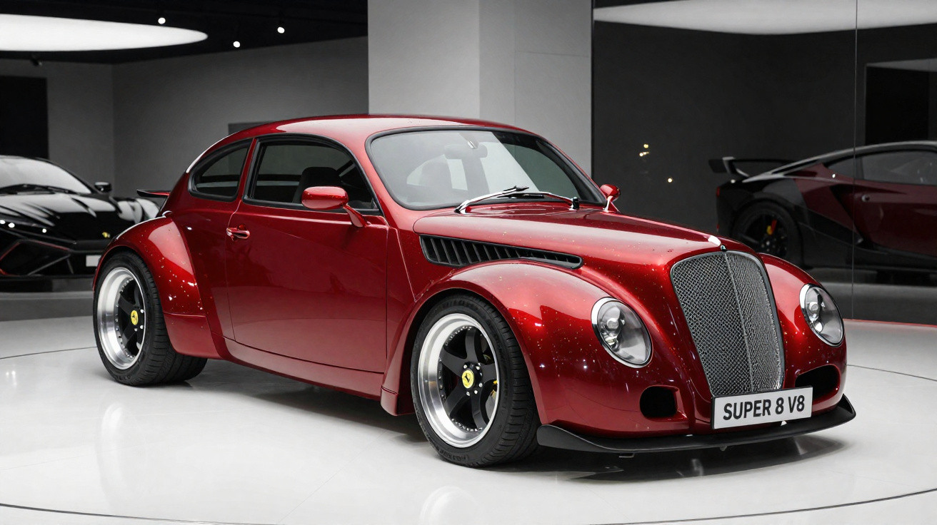 Rotes Sportcoupé mit Retro-Design und breiten Reifen, stehend in modernem Ausstellungsraum.