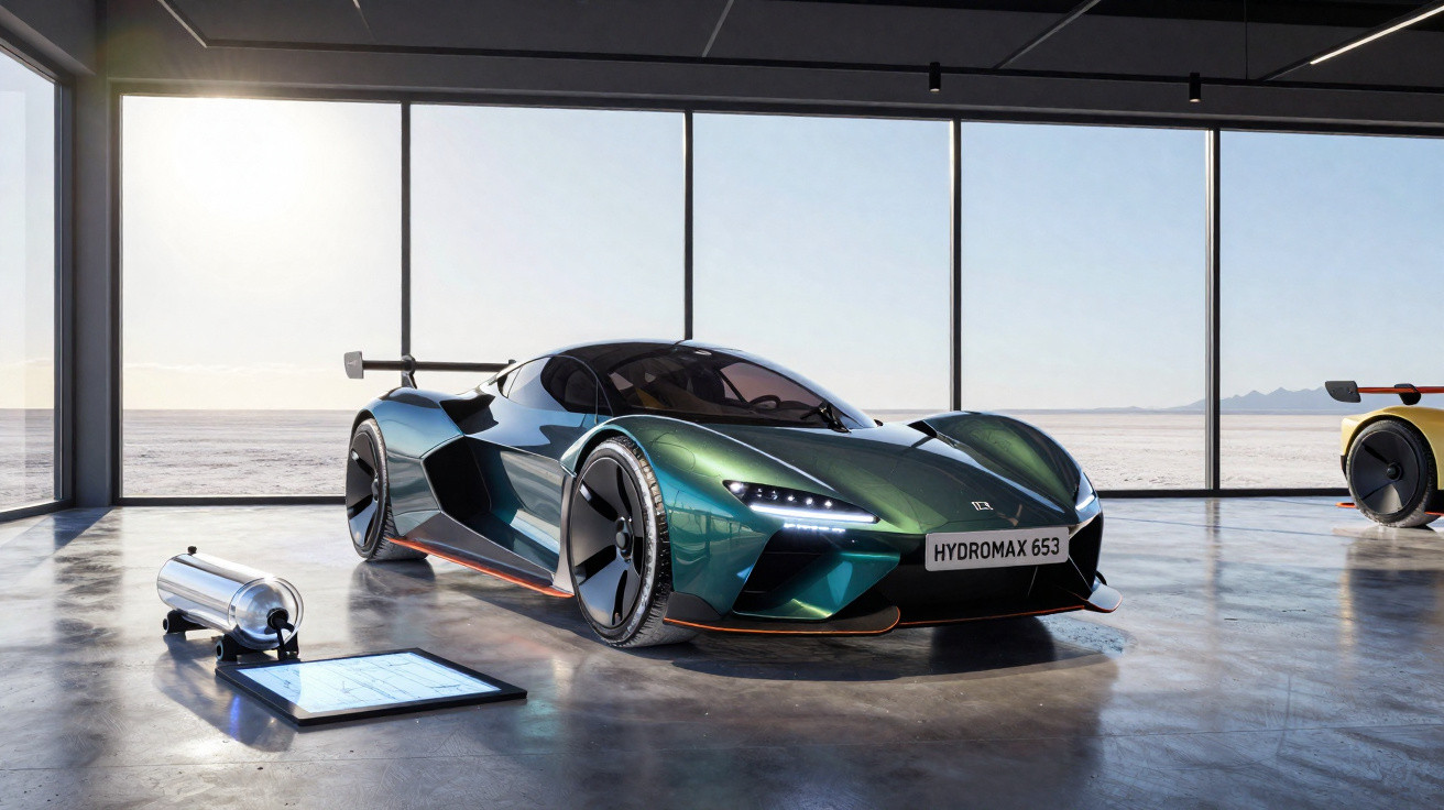 Grüner Sportwagen mit aerodynamischem Design in einem hellen, modernen Showroom mit großen Fenstern.