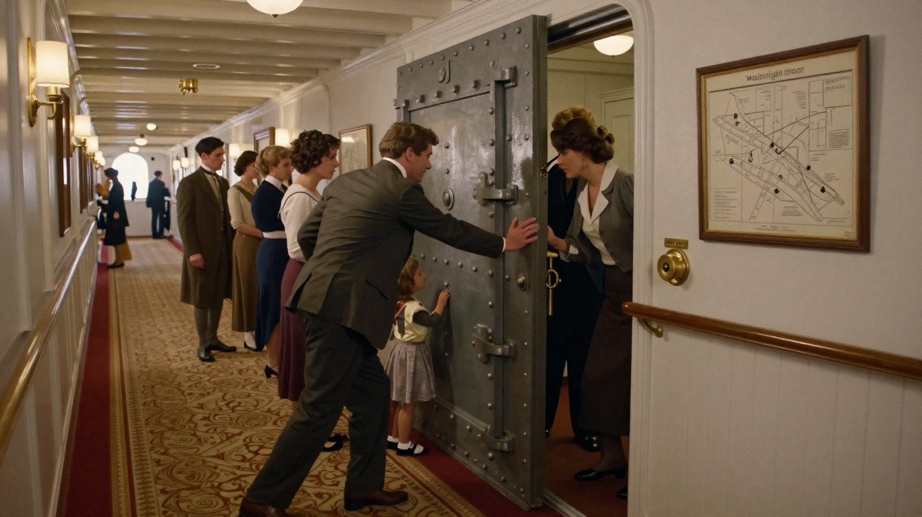 Menschen in historischer Kleidung öffnen schwere Stahltür in elegantem, langem Hotelflur.