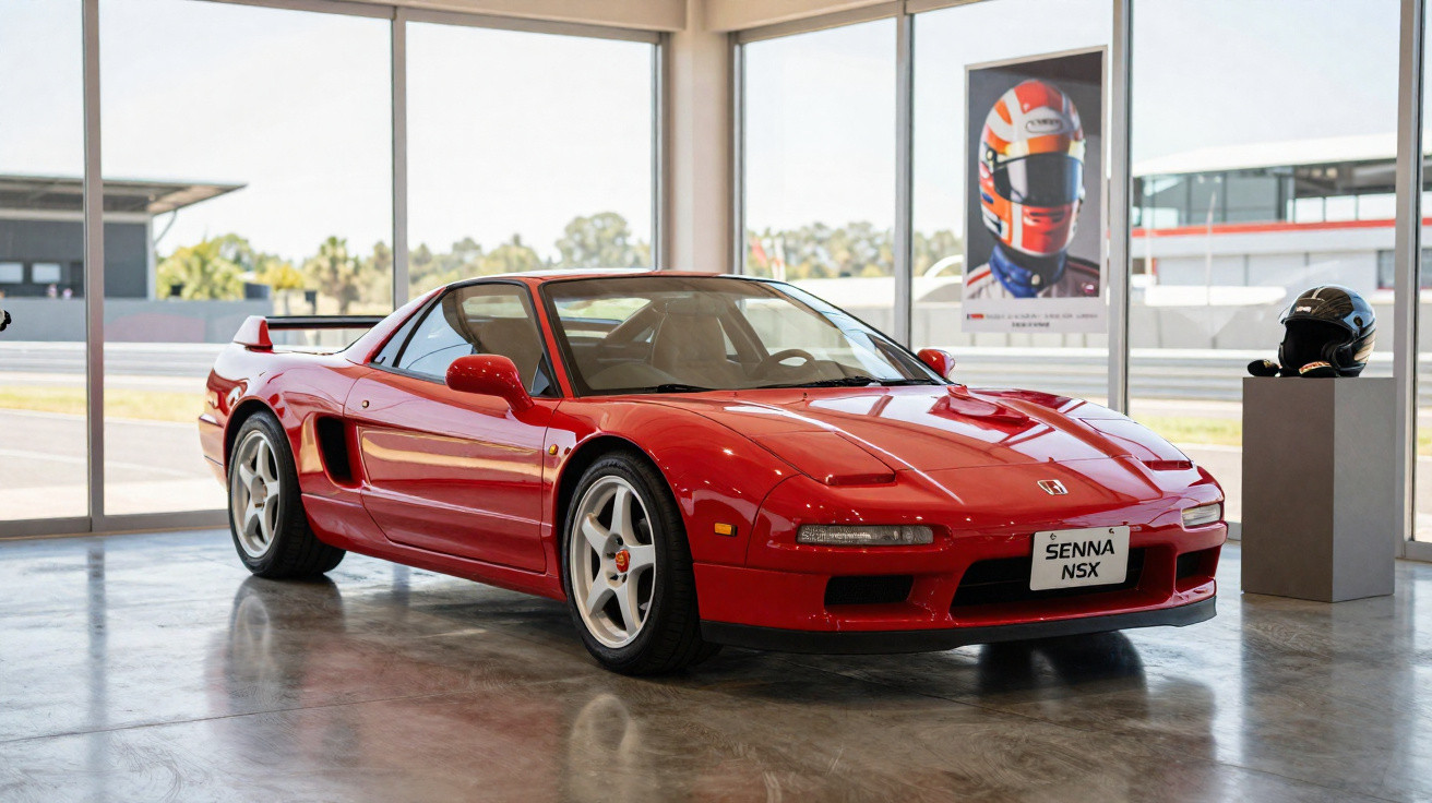 Roter Honda NSX Supersportwagen mit Senna Nummernschild in modernem Ausstellungsraum mit Helm und Poster.