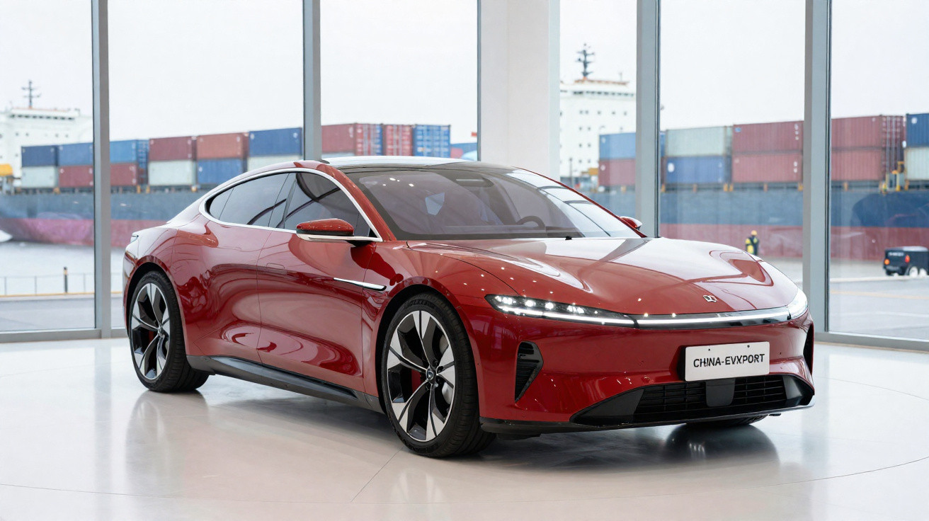 Rotes Elektroauto im Ausstellungsraum mit großen Fenstern und Containerschiff im Hintergrund.
