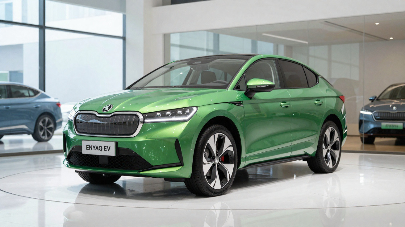 Grüner Škoda Enyaq EV im Showroom, moderne Elektromobilität, glänzende Karosserie, helle Umgebung.