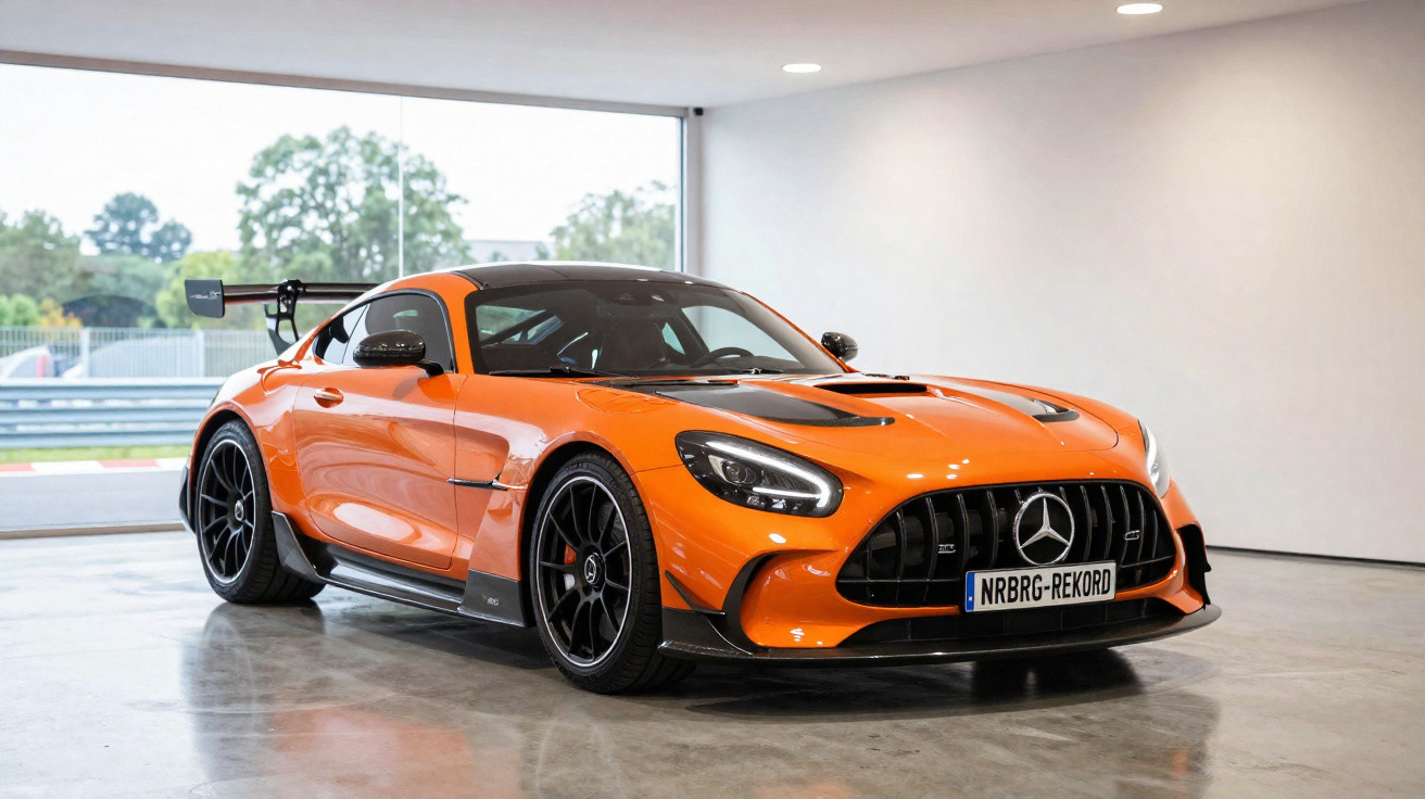 Oranger Mercedes-AMG Rennsportwagen mit schwarzem Spoiler und NÜRBURGRING REKORD Nummernschild in modernem Raum.