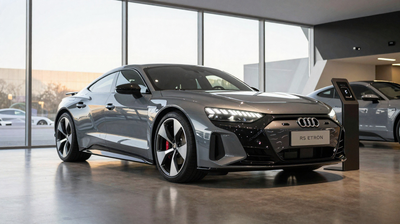 Audi RS e-tron in silberfarben, sportliches Elektroauto im modernen Showroom stehend