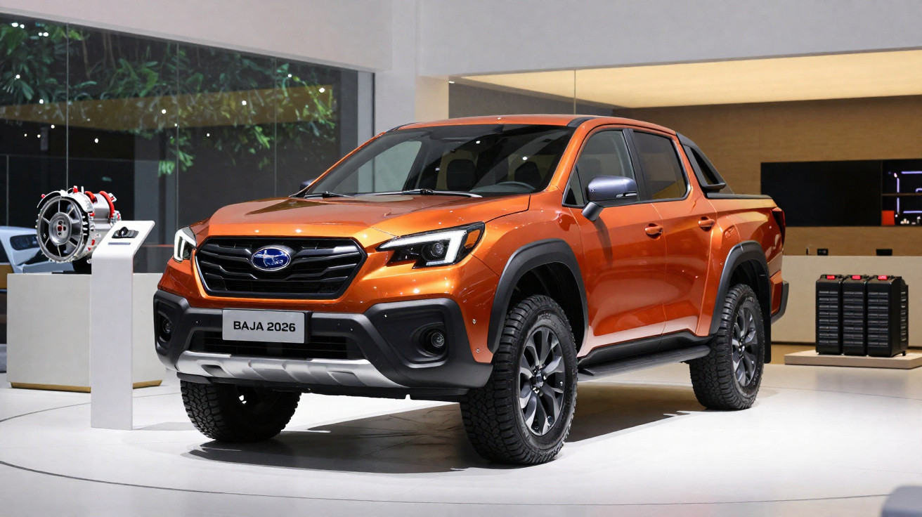 Orange Subaru Baja 2026 Pickup-Truck auf einer Messe mit moderner Beleuchtung und Ausstellungsobjekten im Hintergrund.
