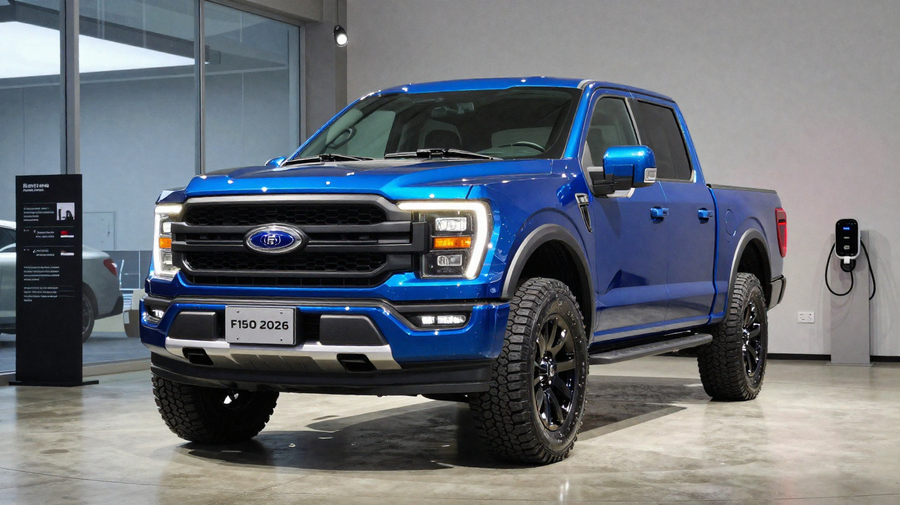 Blauer Ford F150 Pickup 2026 in modernem Showroom mit Ladestation im Hintergrund.