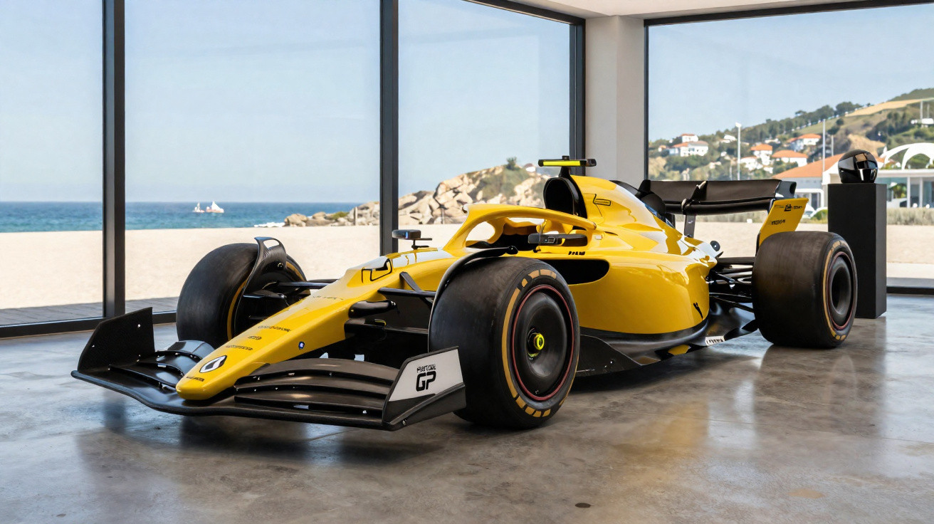 Gelber Formel-1-Rennwagen in modernem Raum mit großen Fenstern und Meeresblick.