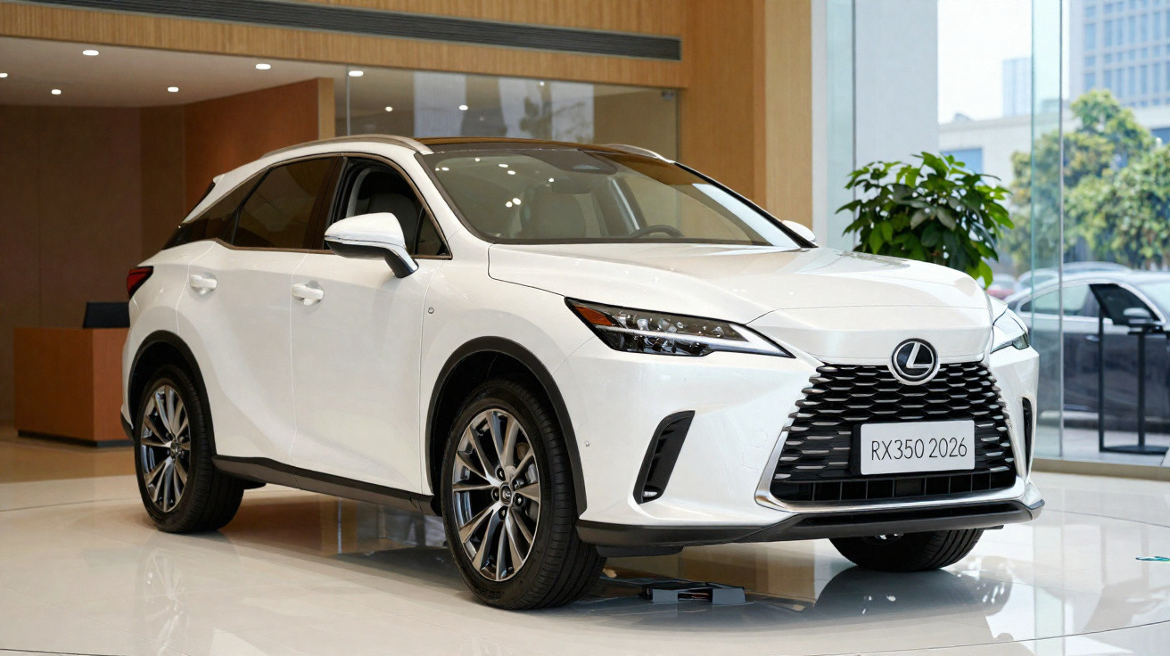Weißer Lexus RX350 Modell 2026 SUV in einem modernen Autohaus mit großem Fenster und Pflanze.