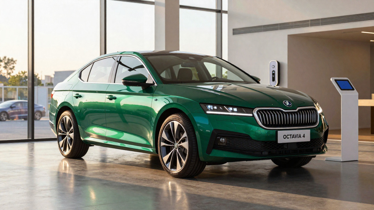 Grüner Škoda Octavia 4 steht in modernem Showroom mit großem Glasfenster und Elektro-Ladestation.