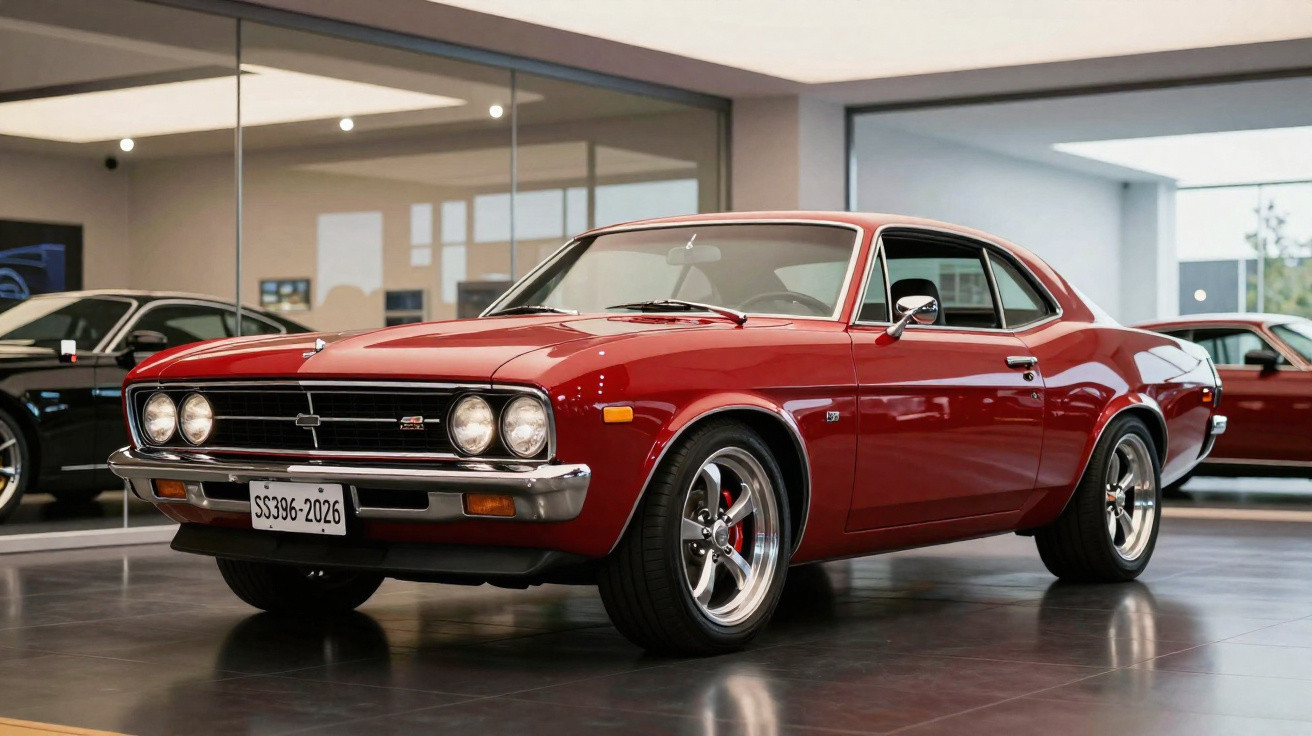 Roter klassischer Chevrolet Camaro SS 1968 im Showroom mit glänzendem Lack und verchromten Felgen.