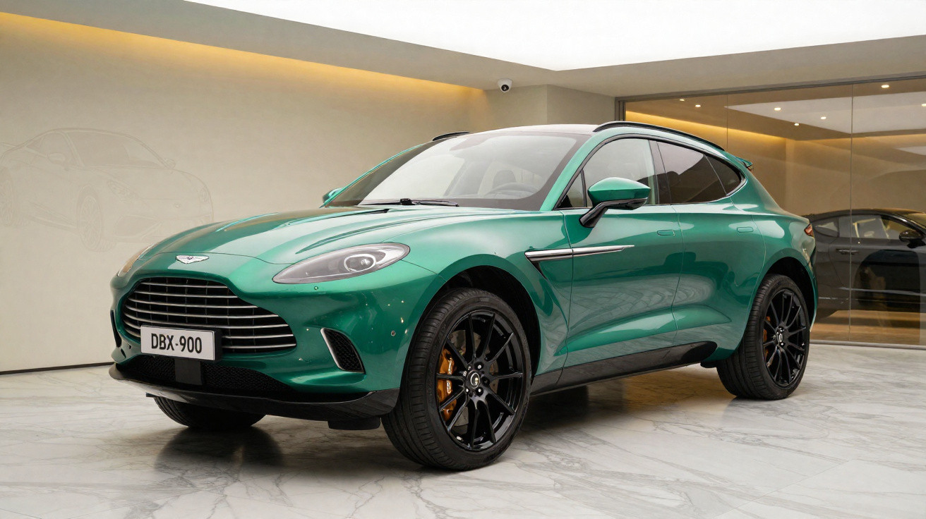 Grüner Aston Martin DBX-900 SUV im Showroom mit schwarzen Felgen und beiger Marmoroptik am Boden.