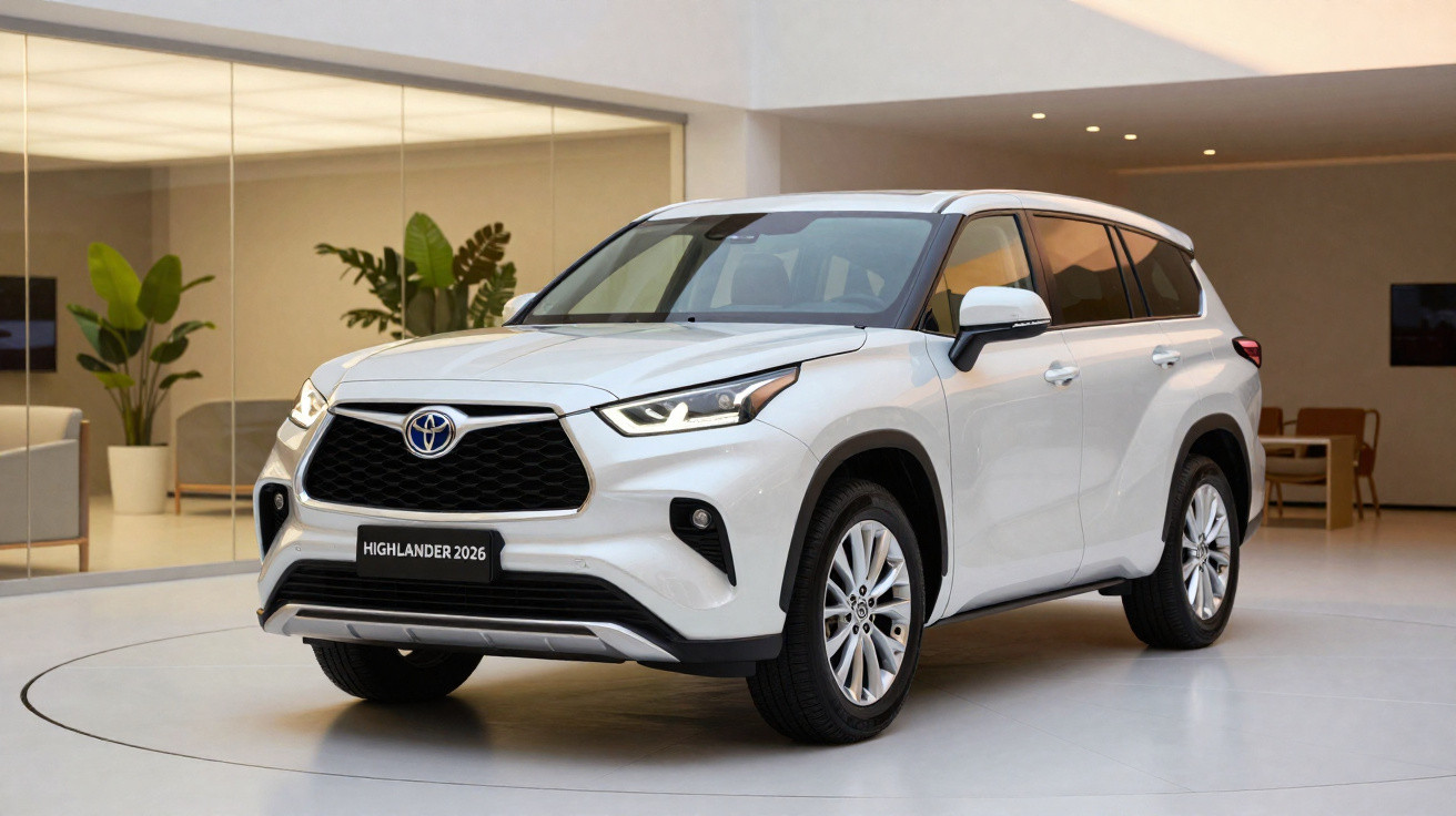 Weißer Toyota Highlander 2026 SUV in modernem Showroom mit hellem Fußboden und Sofas im Hintergrund.