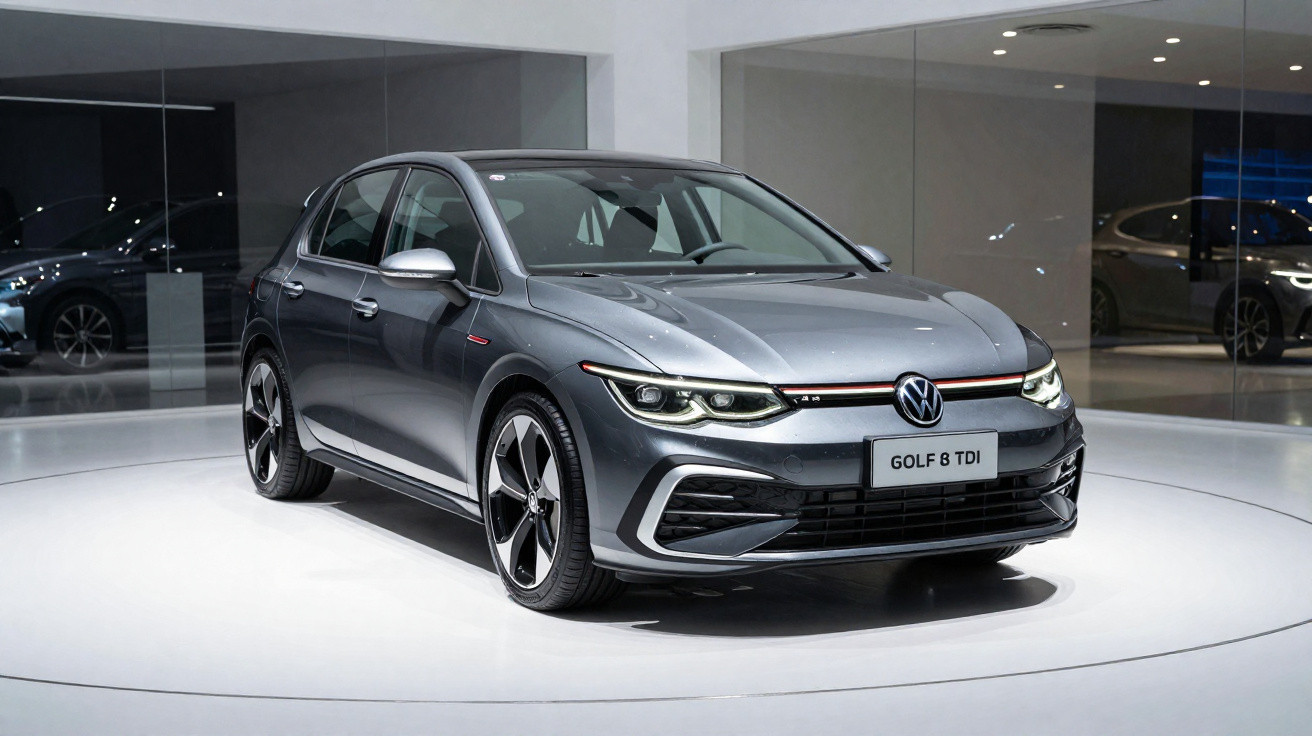 Grauer VW Golf 8 TDI auf weißem Rundpodest in modernem Ausstellungsraum.