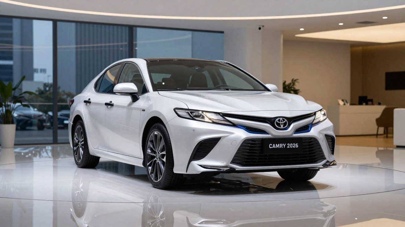 Weißer Toyota Camry 2026 in modernem Autohaus mit großem Schaufenster und Polierboden.