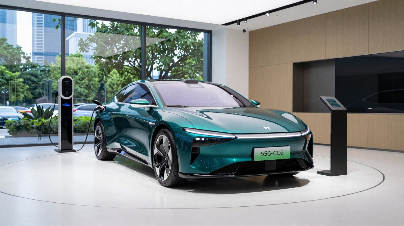 Grünes Elektroauto in modernem Showroom, angeschlossen an Ladestation, mit großer Glasfront und Stadtblick.