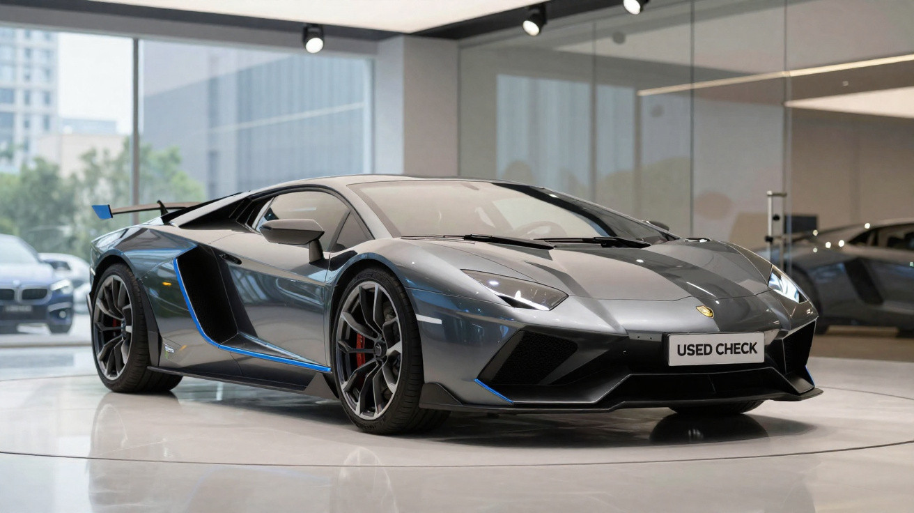 Eleganter grauer Lamborghini Sportwagen mit blauen Akzenten in hellem Showroom, Frontalansicht leicht seitlich.