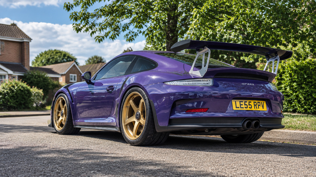 Lila Porsche GT3 RS mit goldenen Felgen und großem Heckspoiler auf einer Straße in einer Wohngegend.