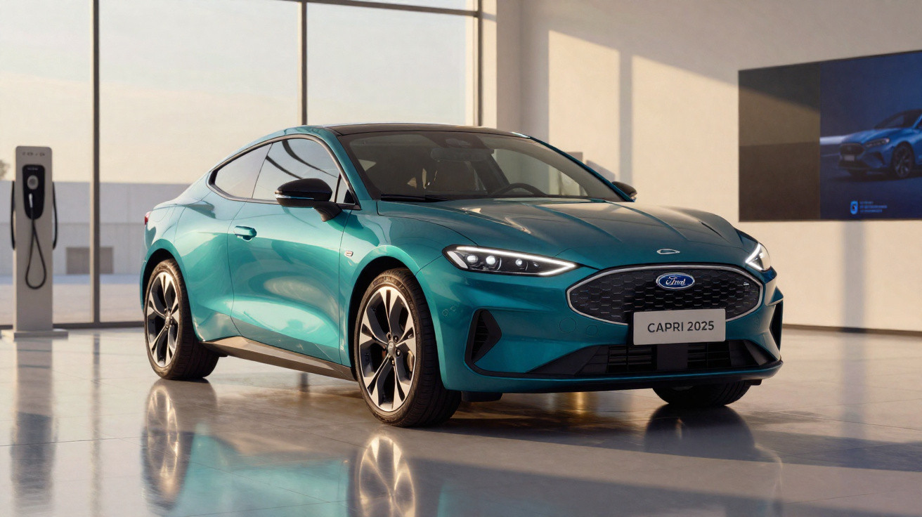 Blaugrünes Ford Capri 2025 Elektroauto in modernem Showroom vor Ladestation stehend.