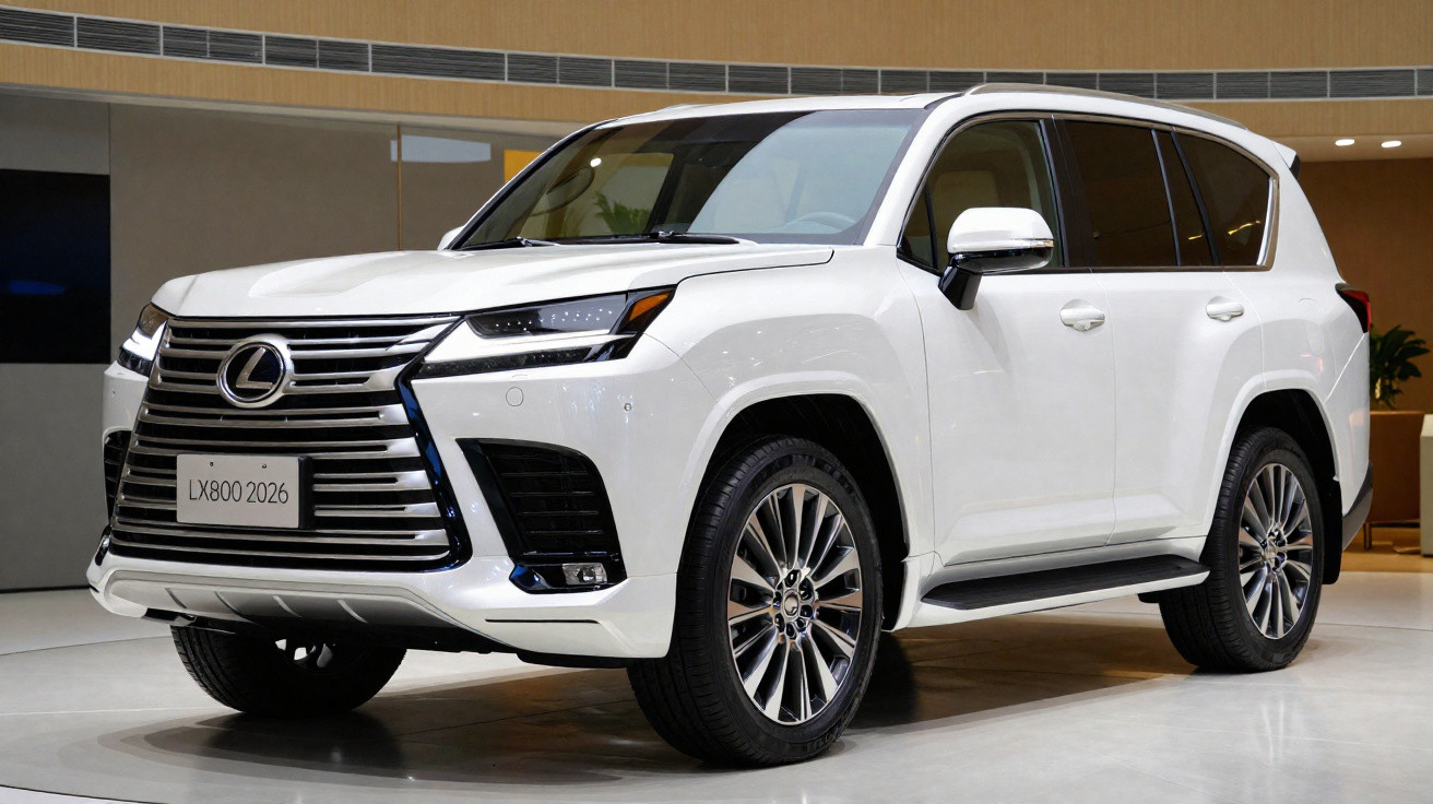 Weißer Lexus LX800 2026 SUV vor beigem Innenraum, frontal seitlich sichtbar.