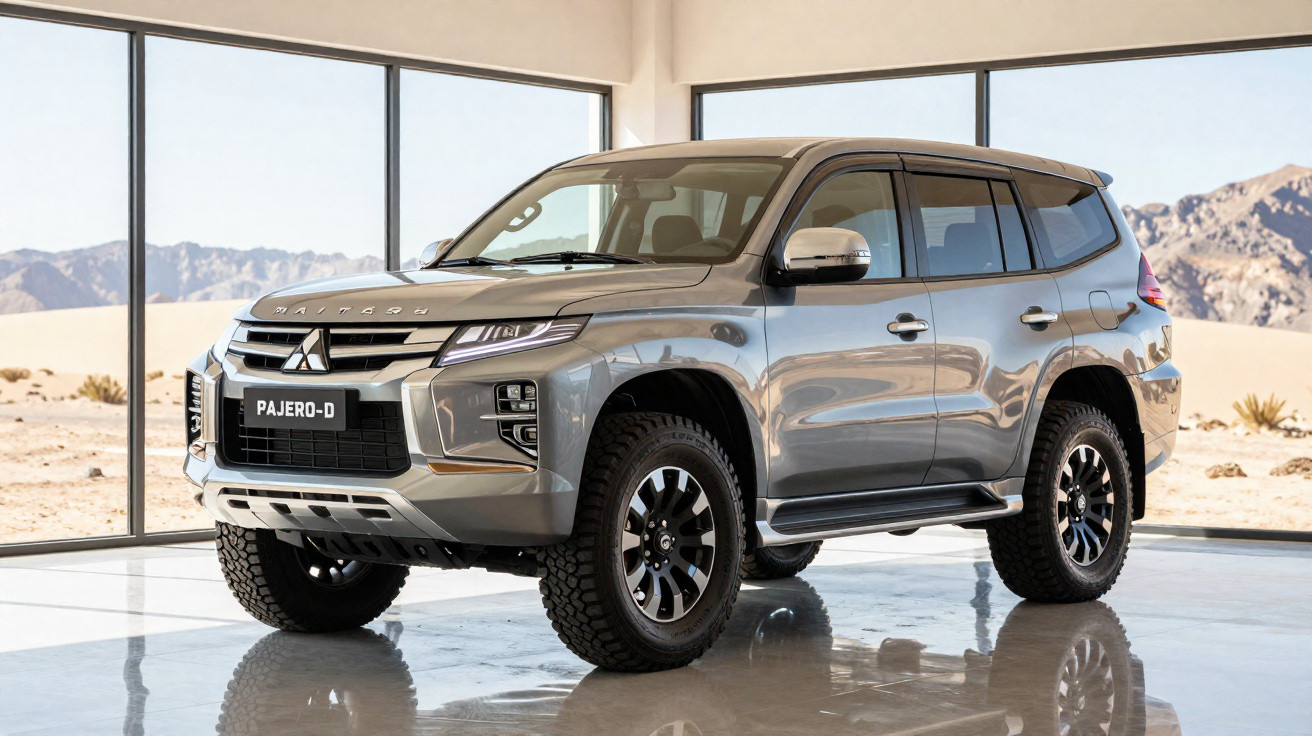 Silberner Mitsubishi Pajero-D SUV im Showroom mit großen Fenstern und Wüstenlandschaft im Hintergrund.