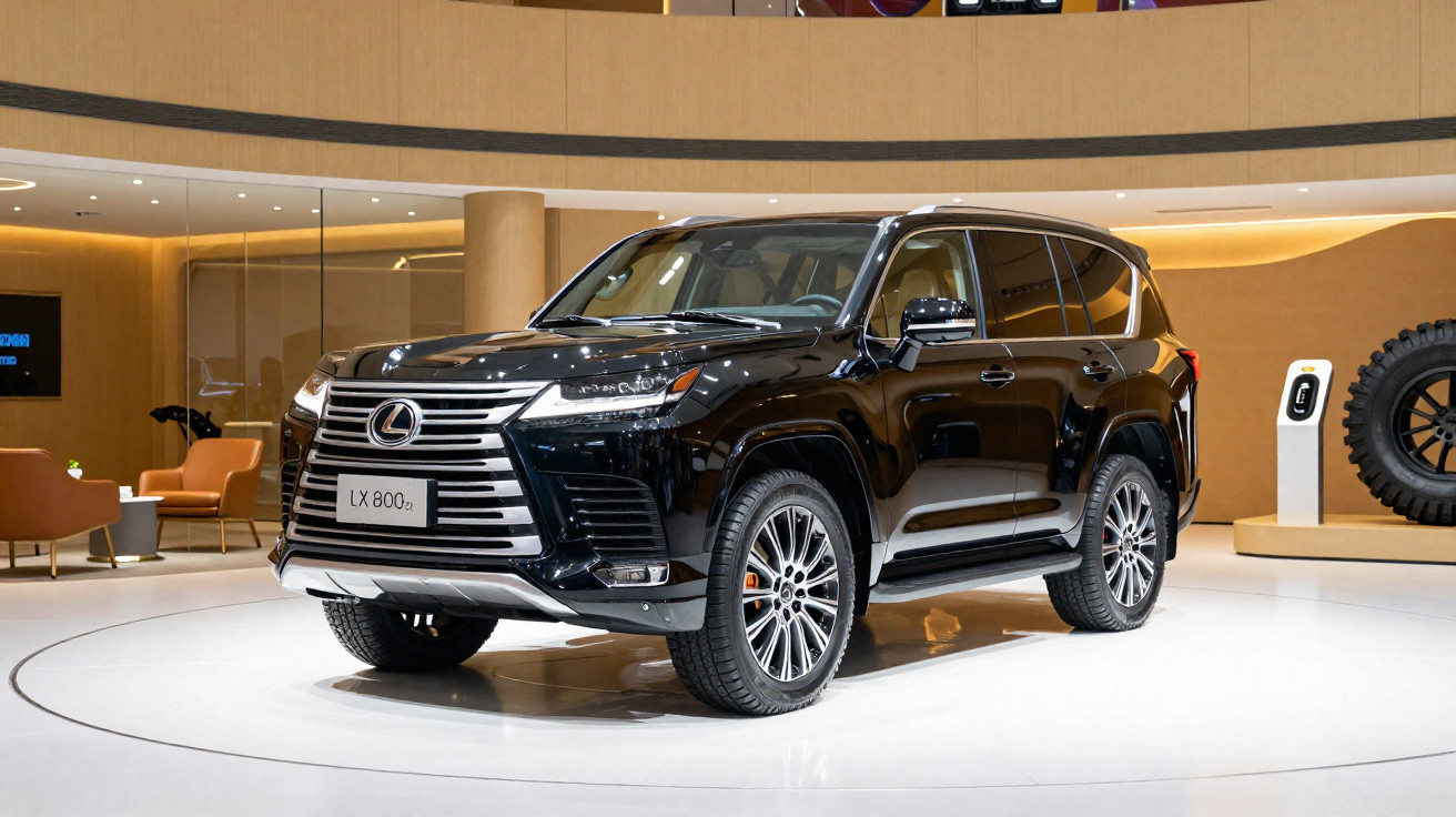 Schwarzer Lexus LX 800 Luxus-SUV auf weißer Ausstellungsfläche in modernem Showroom mit beiger Einrichtung.