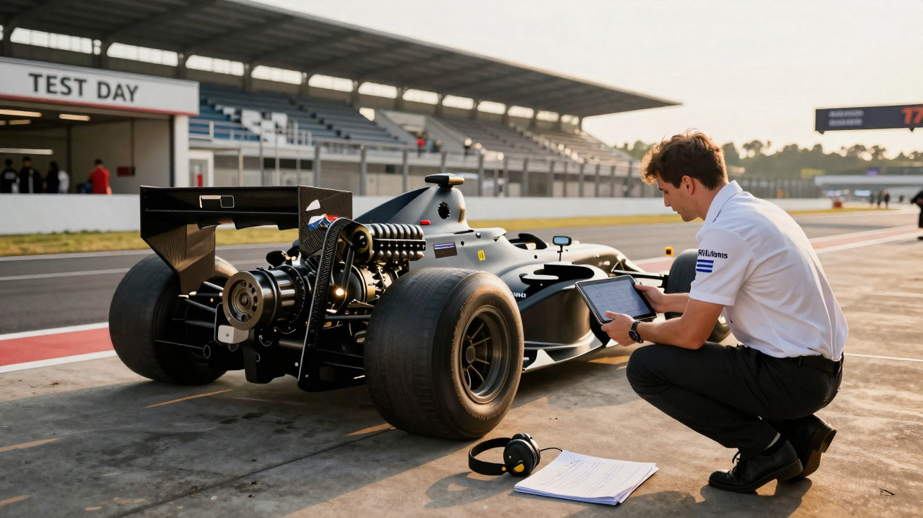 Mann überprüft Daten auf Tablet neben Formel-1-Rennwagen am Testtag auf einer Rennstrecke.