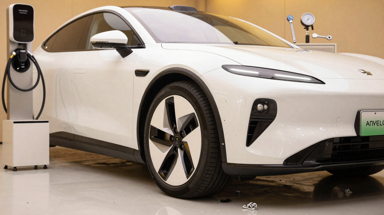 Weißes Elektroauto an Ladestation in modernem Innenraum mit beige Wänden und glänzendem Boden.