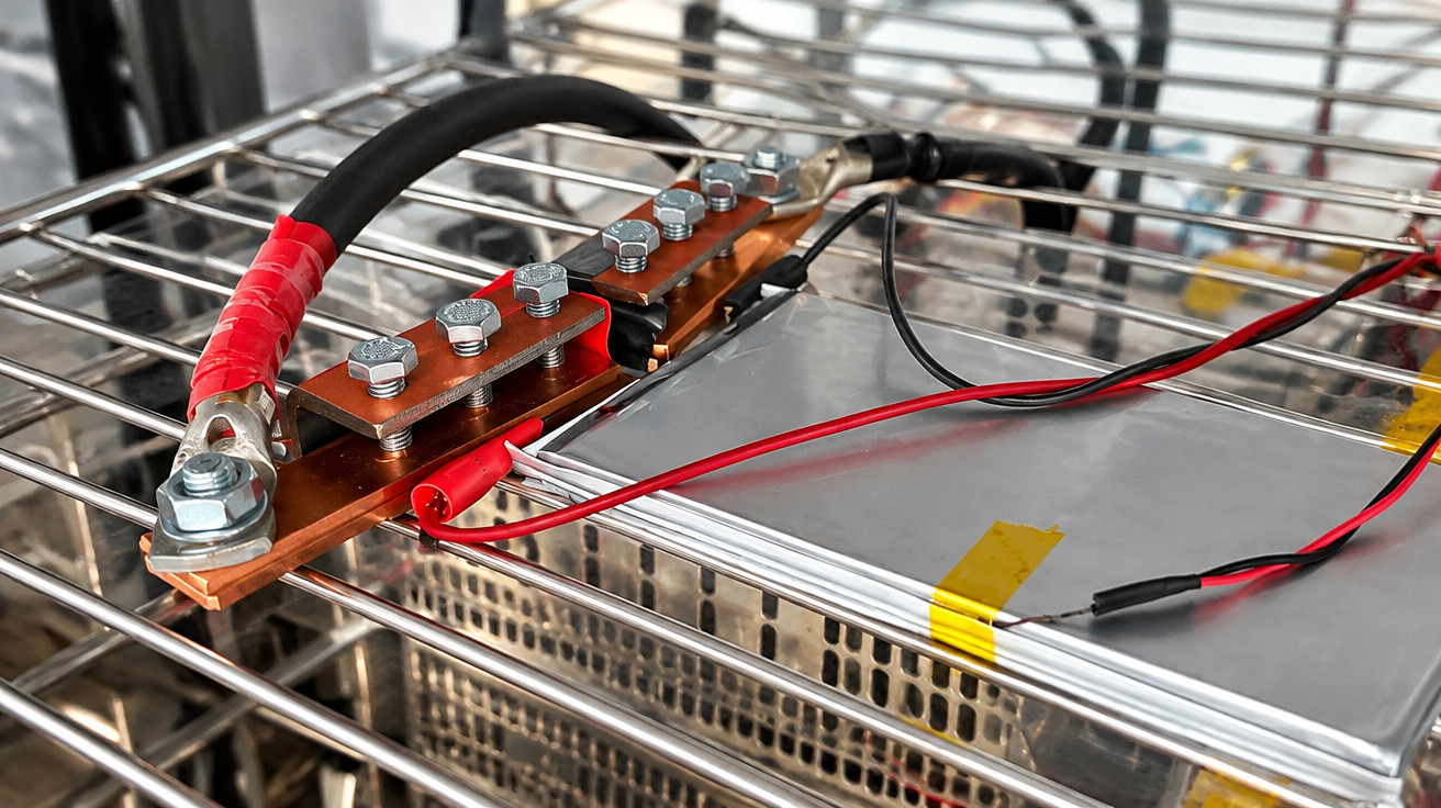 Nahaufnahme einer elektrischen Verbindung mit Kabeln, Kupferplatte und Schrauben auf Metallgitter.