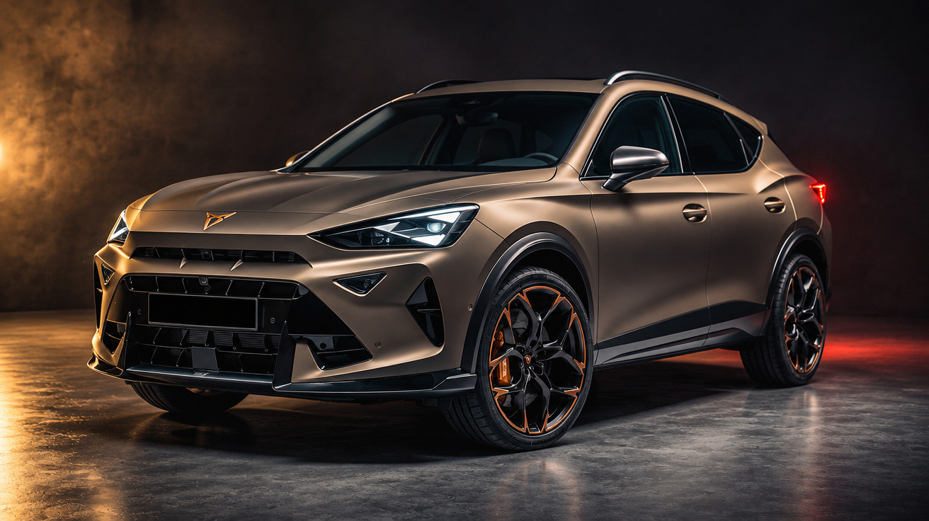 Sportliches Cupra SUV in mattem Braun, seitliche Frontansicht in dunkler Studio-Umgebung.