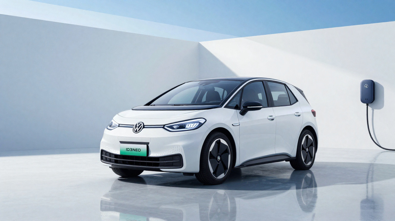 Weißer Volkswagen ID.3 Elektroauto steht in hellem Raum an Ladestation mit reflektierendem Boden.