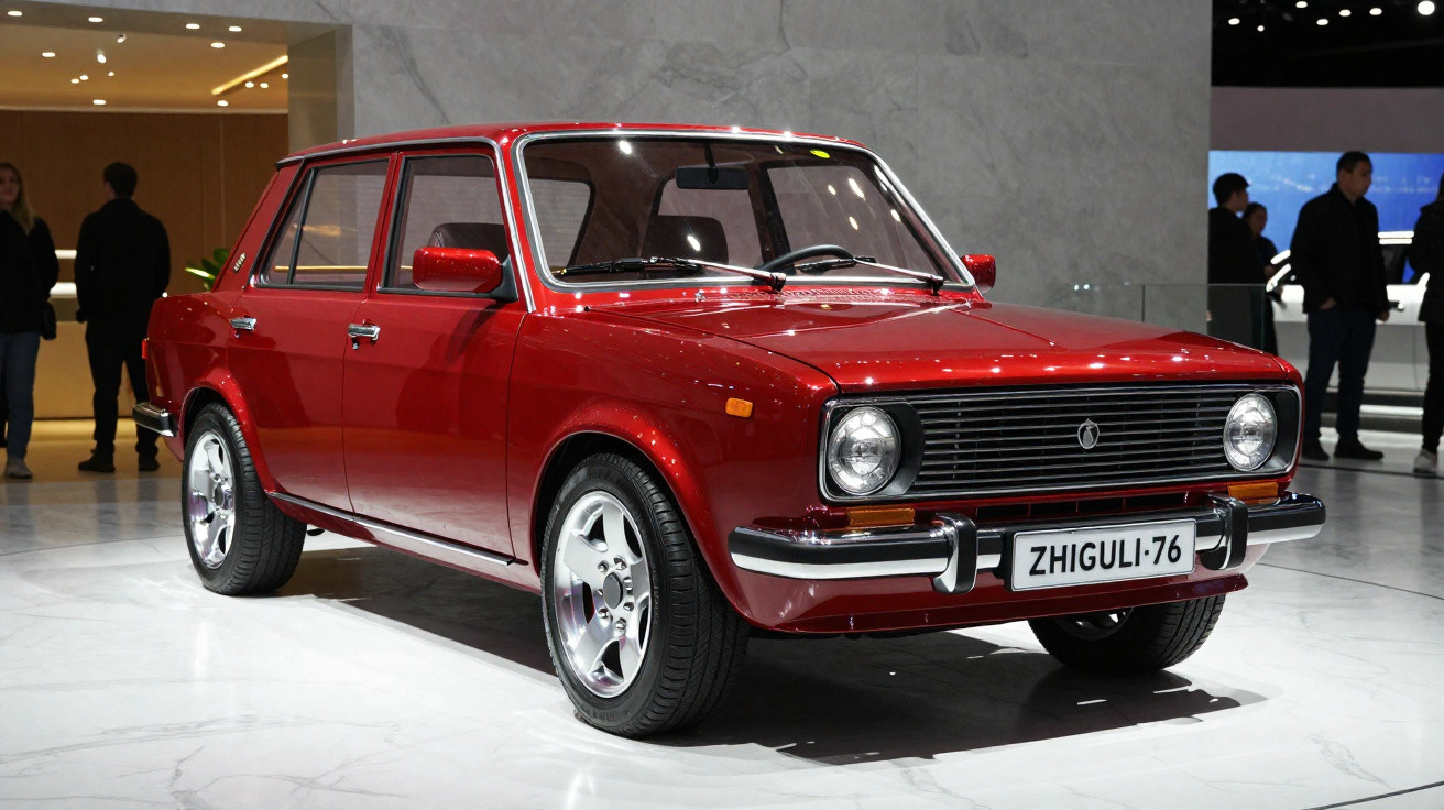 Roter Oldtimer-Lada mit polierten Felgen, stehend in heller Ausstellungshalle mit Menschen im Hintergrund.