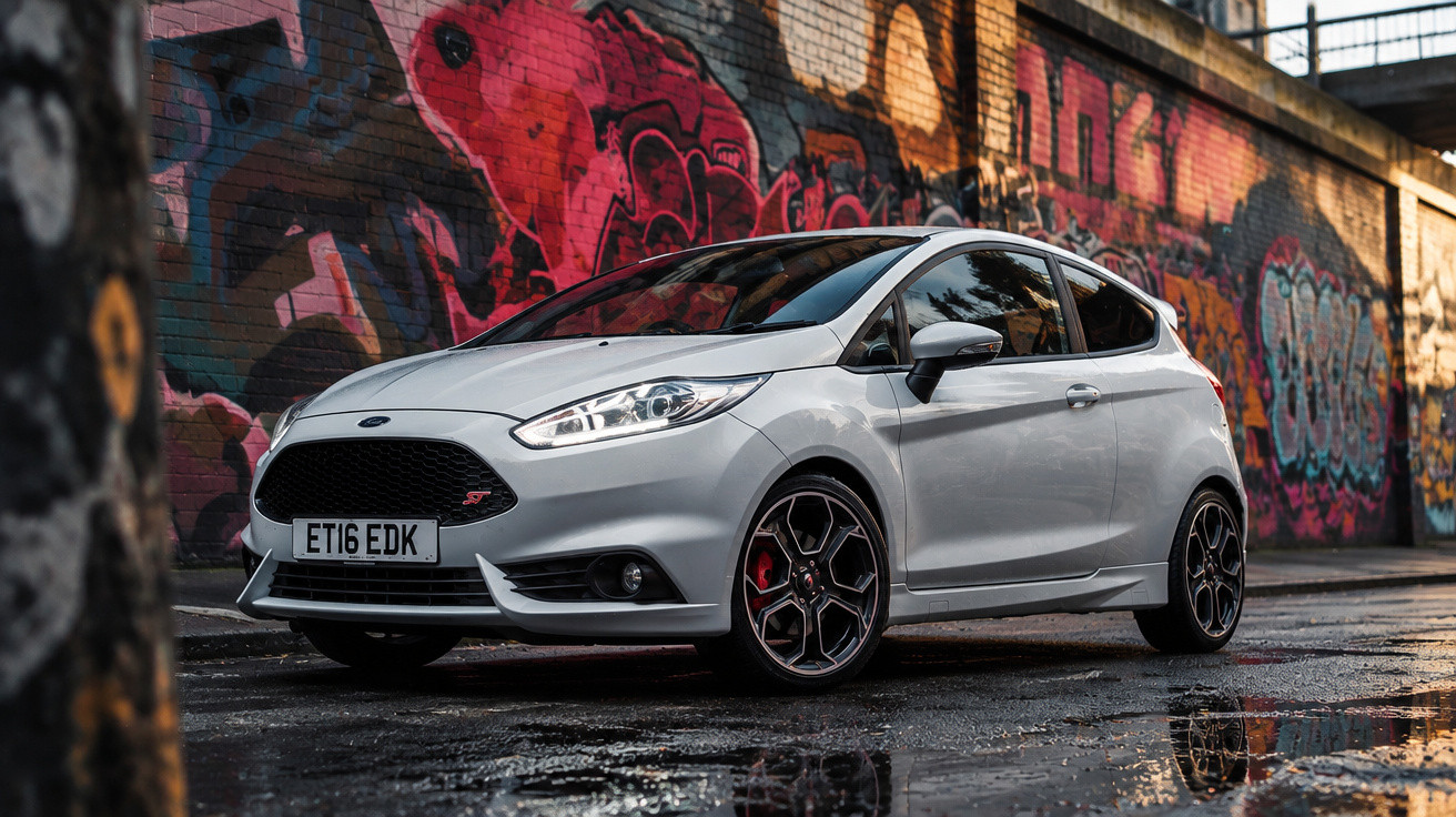 Silberner Ford Fiesta ST vor bunter Graffiti-Wand auf nasser Straße geparkt.