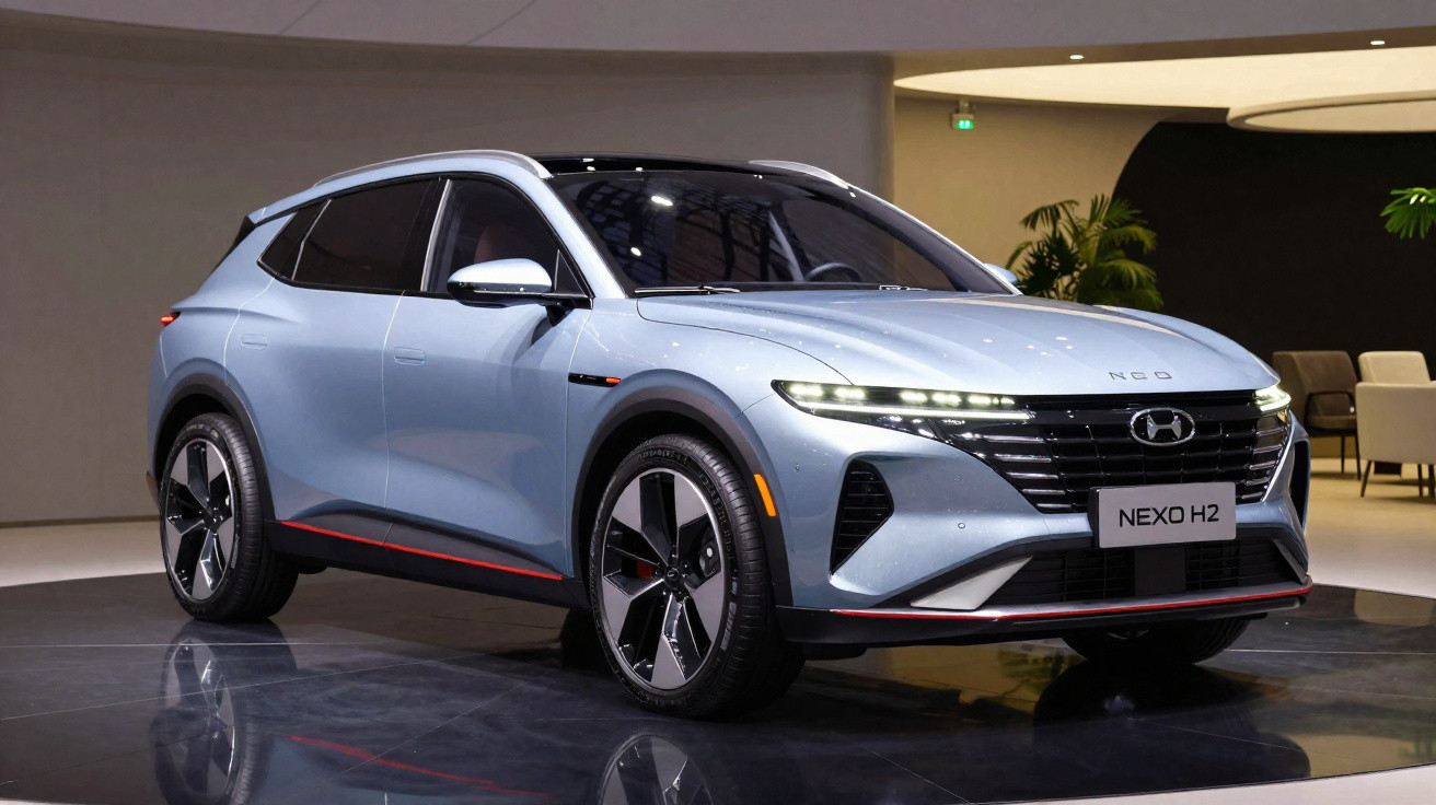 Silberblauer Hyundai NEXO H2 Wasserstoff-SUV auf glänzendem Ausstellungspodest in moderner Halle.