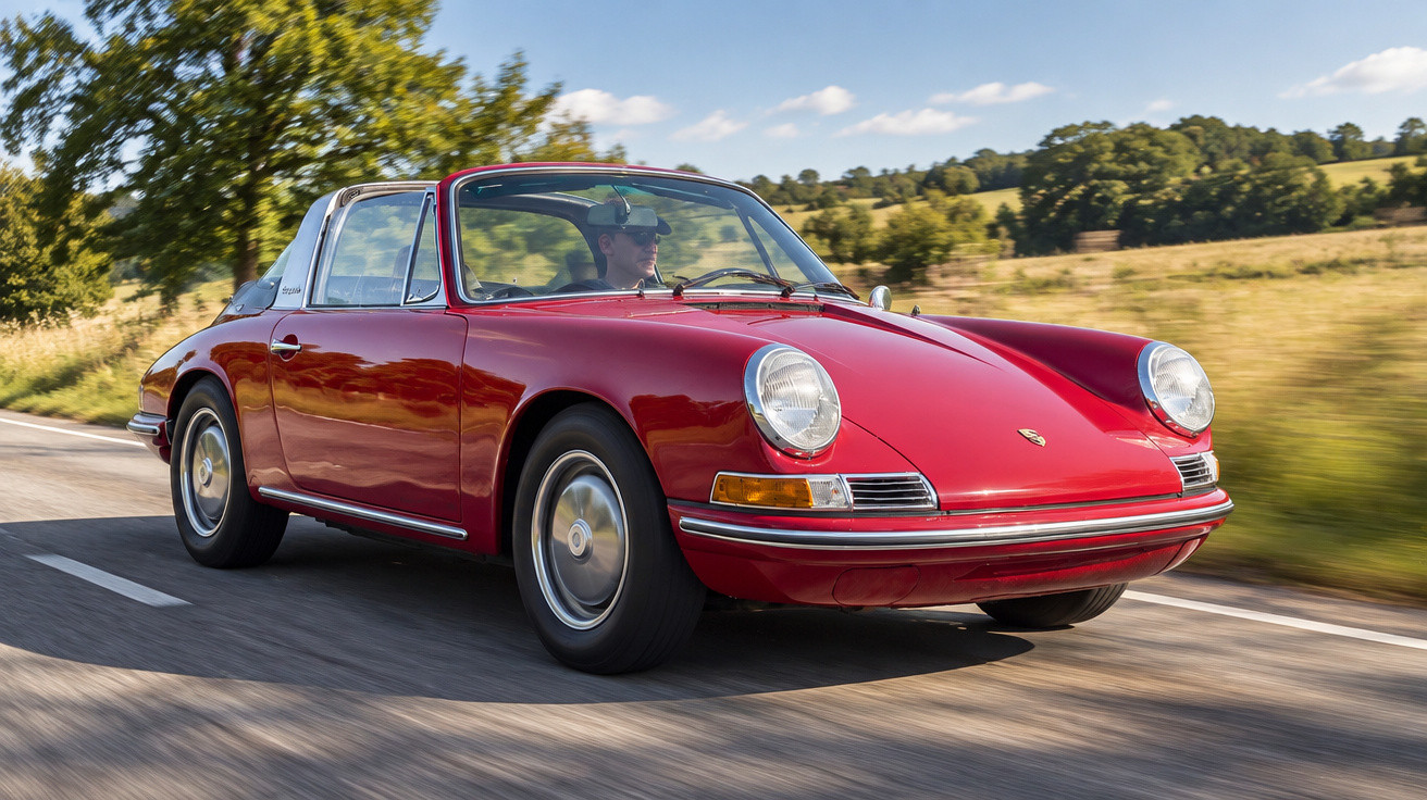 Roter Porsche 911 Targa Oldtimer fährt auf Landstraße bei sonnigem Wetter, Fahrer mit Sonnenbrille unterwegs.