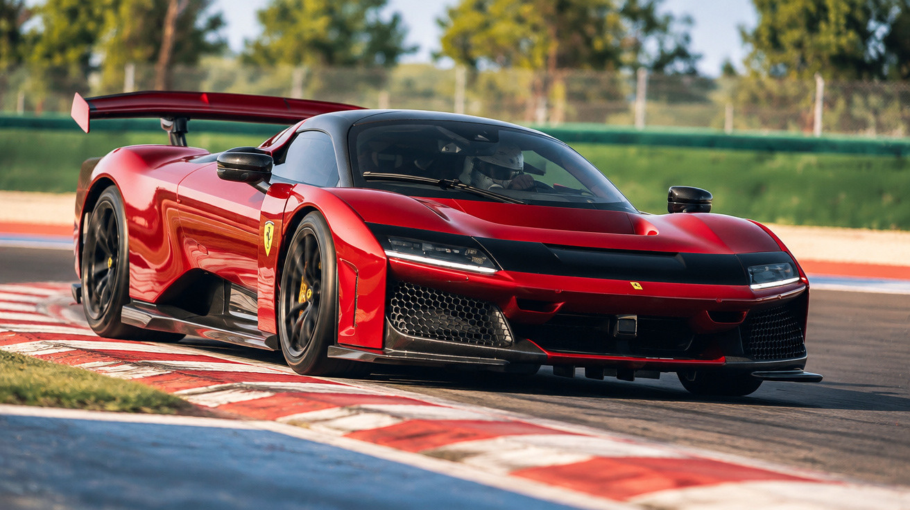 Rotes Ferrari-Sportauto auf Rennstrecke, das eine Kurve auf Randstein mit Fahrer durchfährt.