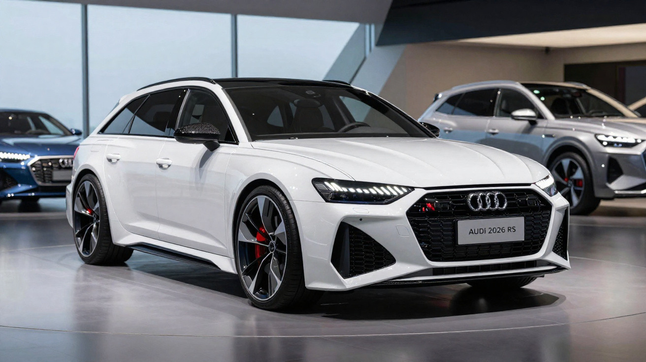 Weißer Audi 2026 RS Sportwagen im Ausstellungsraum, moderne LED-Scheinwerfer und große Alufelgen.
