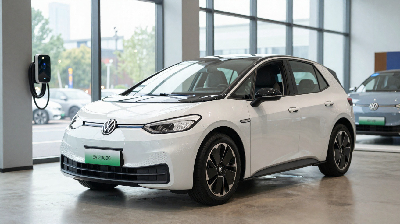 Weißer VW Elektroauto VW ID.3 steht neben Ladestation in modernem Showroom mit großen Fenstern.