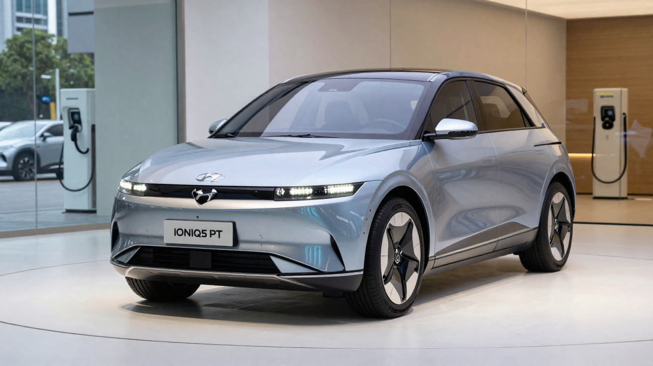 Silberner Hyundai Ioniq 5 Elektroauto in modernem Ausstellungsraum, frontal leicht schräg fotografiert.