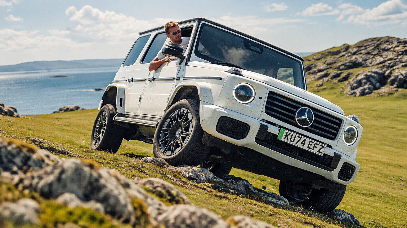 Weißer Mercedes G-Klasse Geländewagen fährt bergab auf grasigem Felsen mit Meer im Hintergrund.