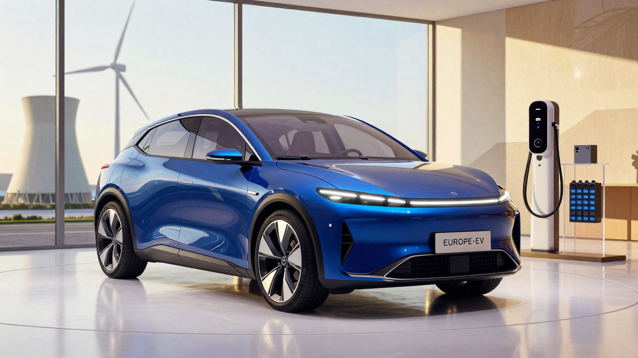 Blauer Elektroauto-Prototyp in modernem Showroom vor Ladestation, Windrädern und Kühlturm im Hintergrund.