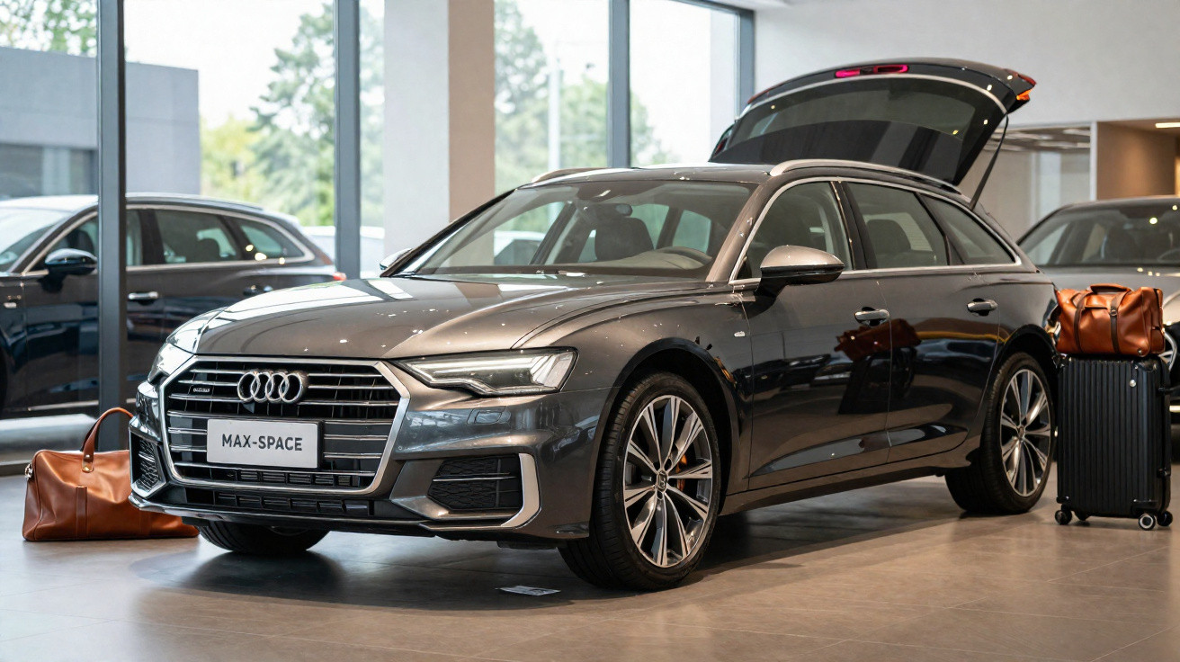 Audi Kombi in einem Showroom mit offenem Kofferraum, daneben Reisetaschen auf dem Boden.