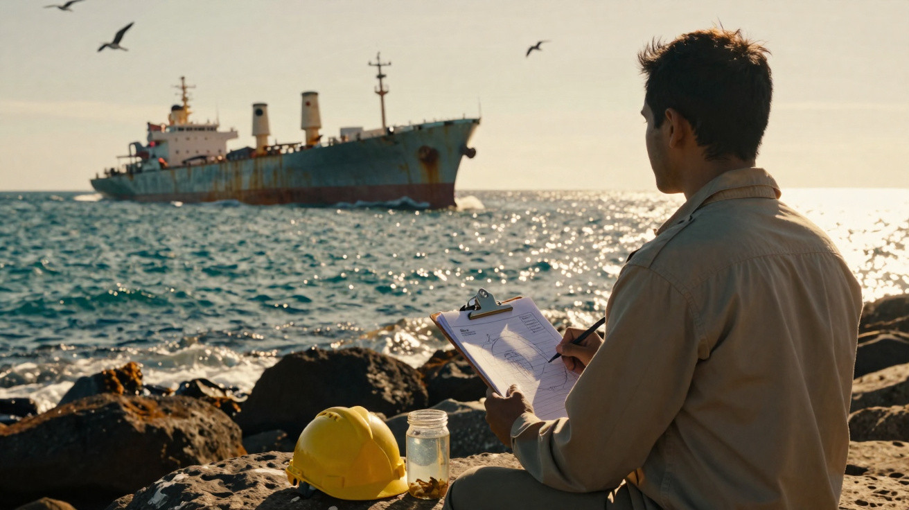 Mann mit Klemmbrett sitzt auf Felsen am Meer, schaut auf verrostetes Schiff, Schutzhelm und Glas neben ihm.